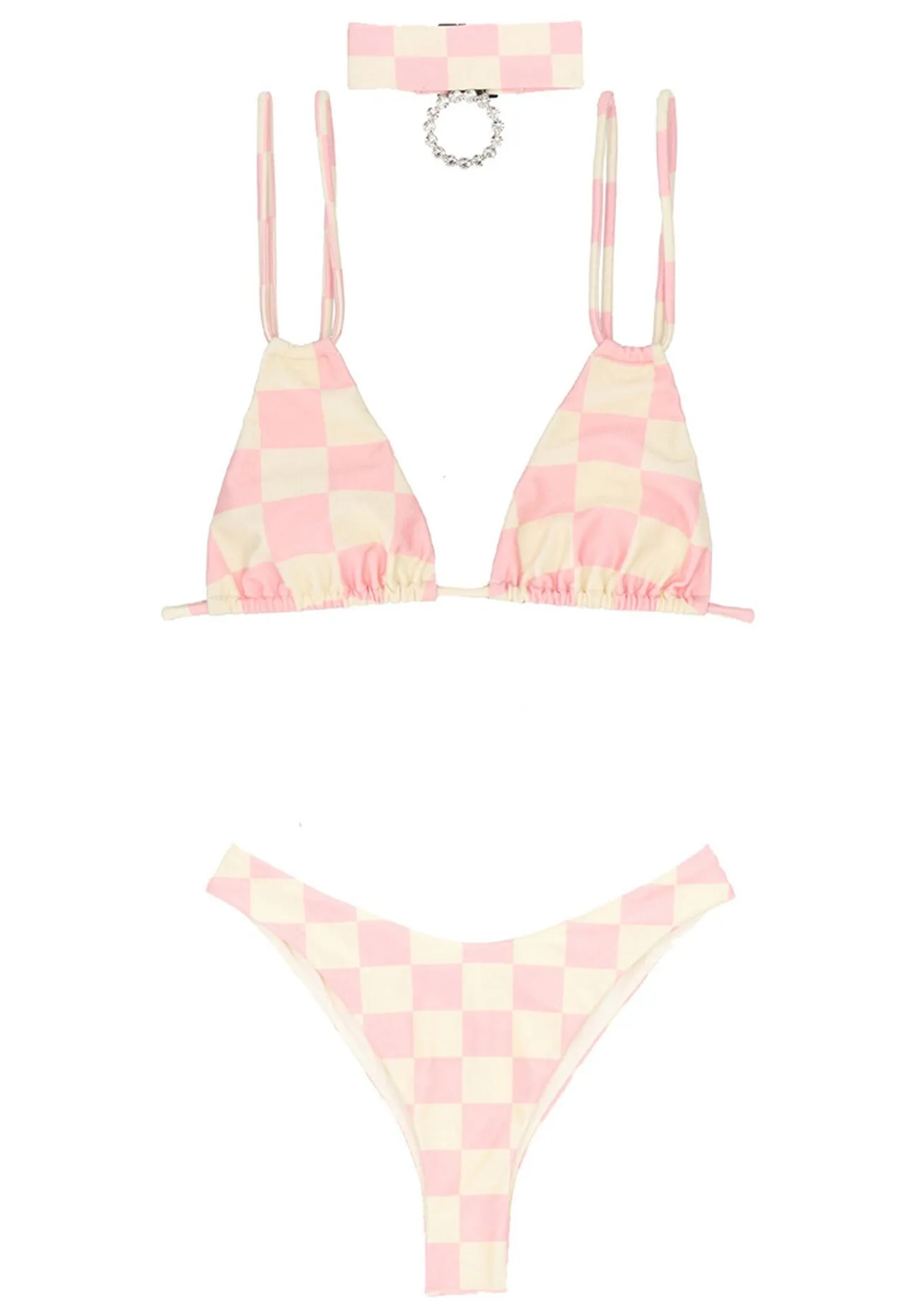 Alessandra Rich Choker Detailed Check Print Bikini Set