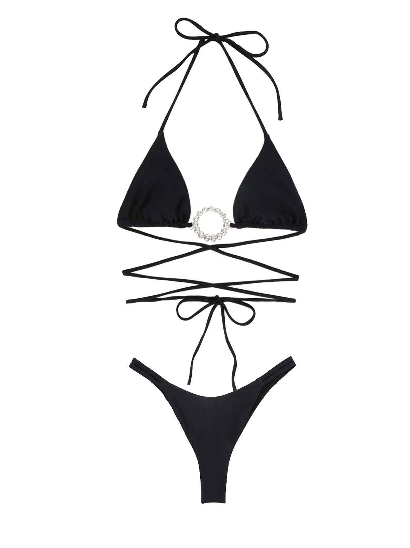 Alessandra Rich Crystal Ring Embellished Double-Wrap Bikini Set