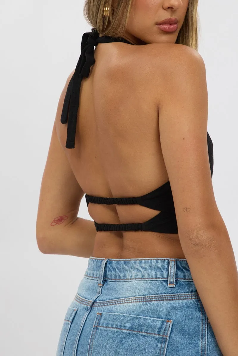 Black Halter Crop Top Sleeveless Linen Blend