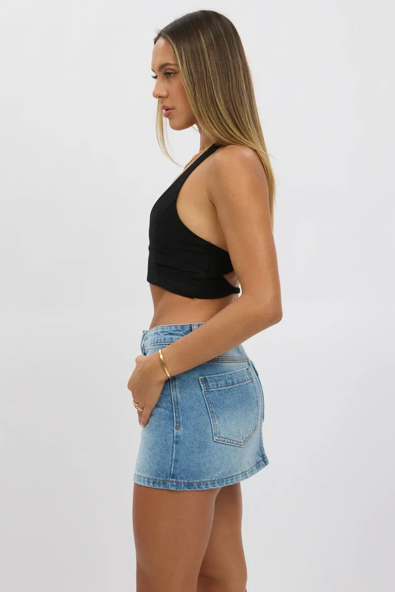 Black Halter Crop Top Sleeveless Linen Blend
