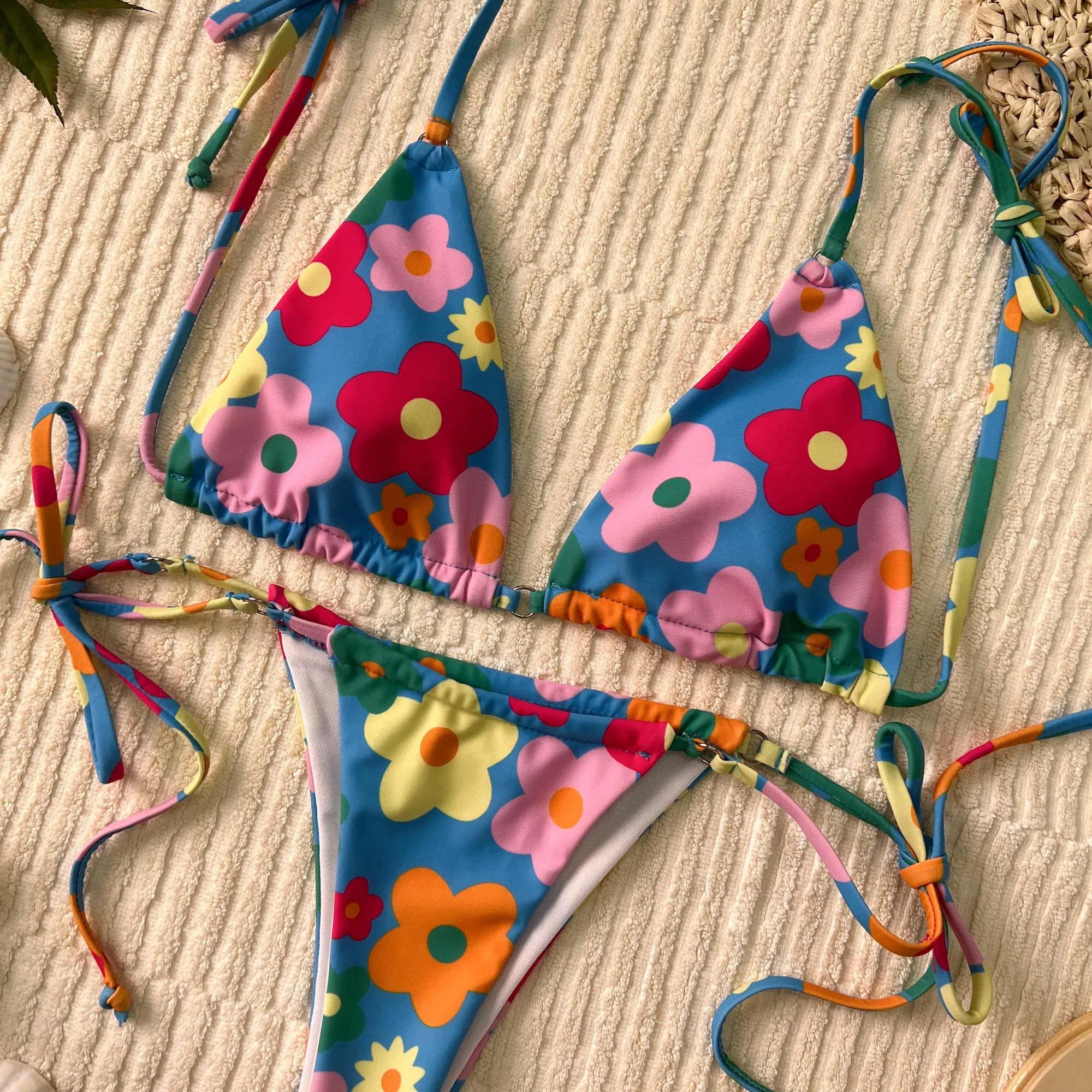 Blue Floral Lace Up Triangle Bikini Set