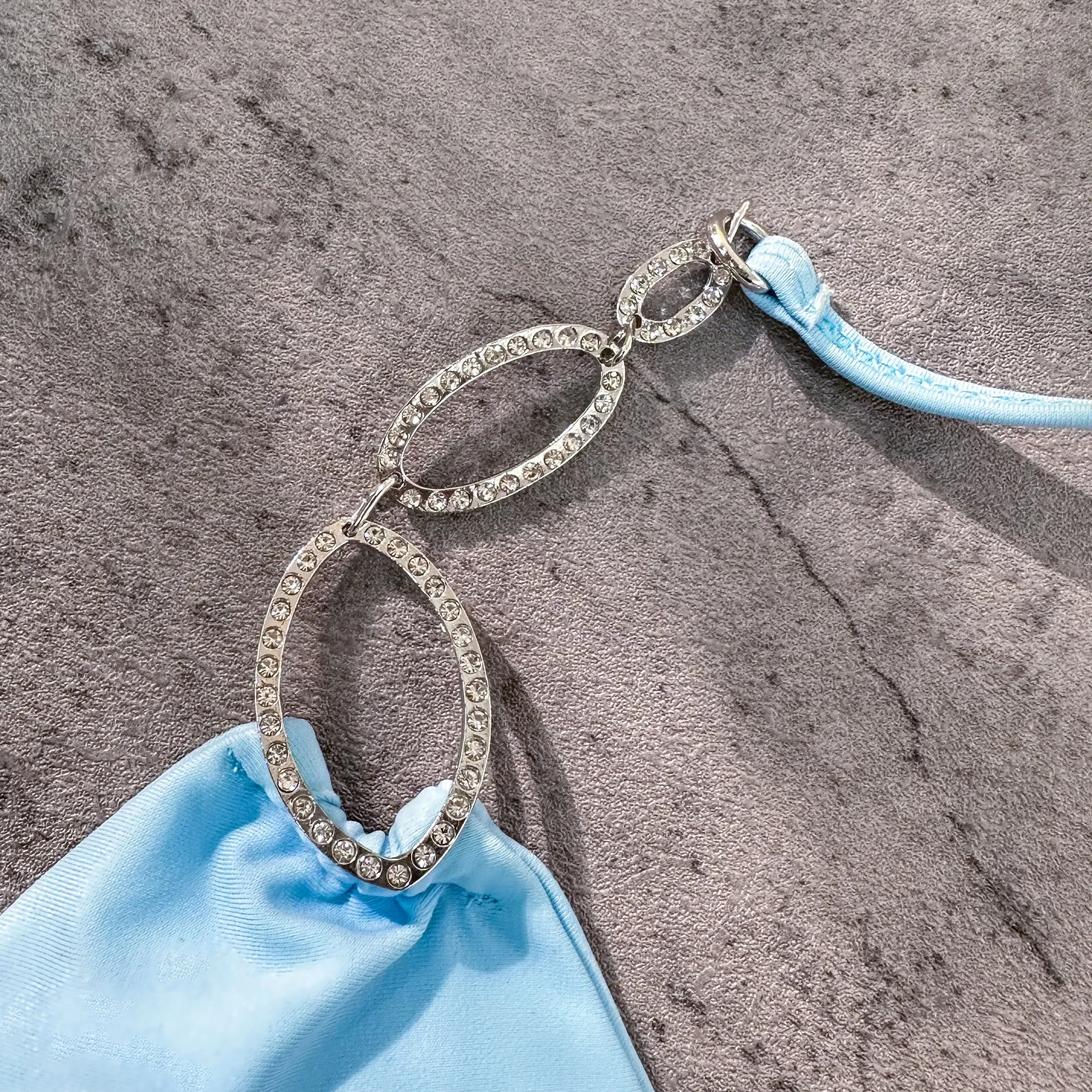 Blue Metal Accessories Rhinestone Split Plain Color Tie Bikini Set