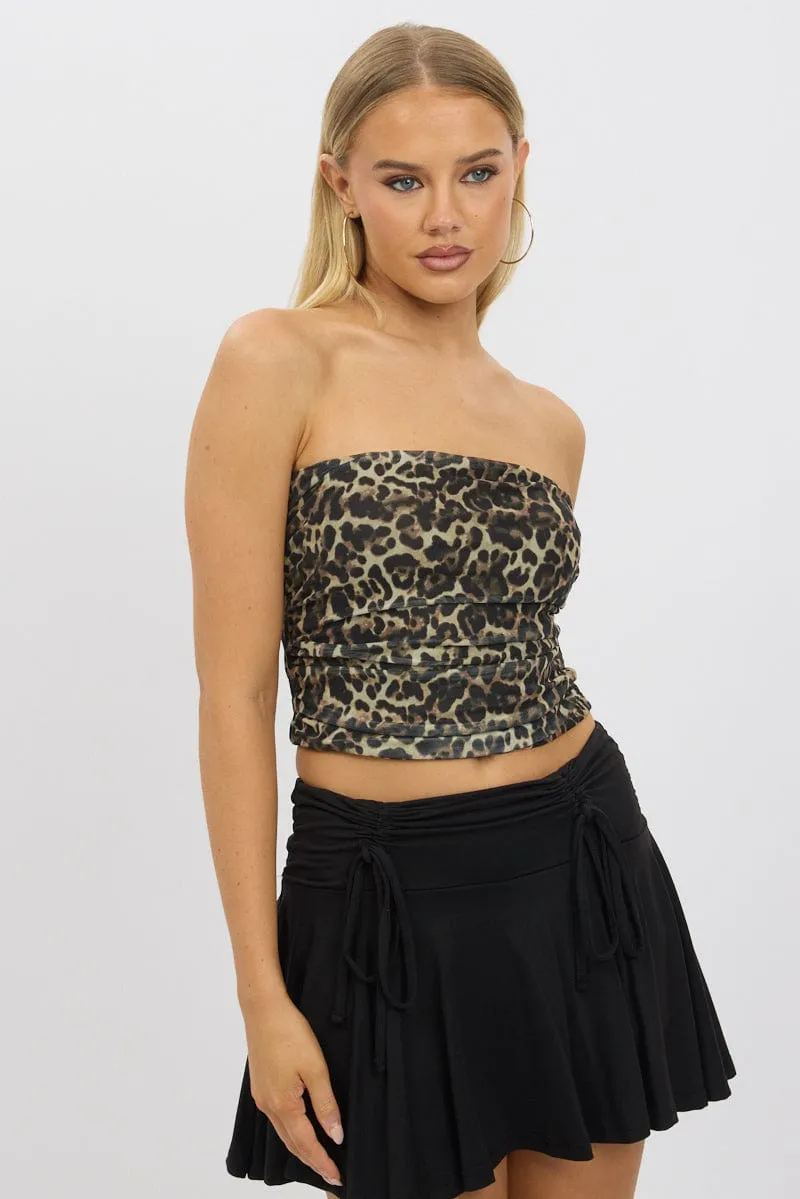 Brown Animal Print Boob Tube Top Mesh