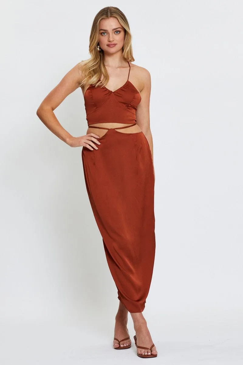 Brown Cami Top Halter Satin