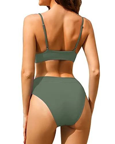 Classic High Waisted Bikini Set Two Piece Triangle Bathing Suits-Olive Green