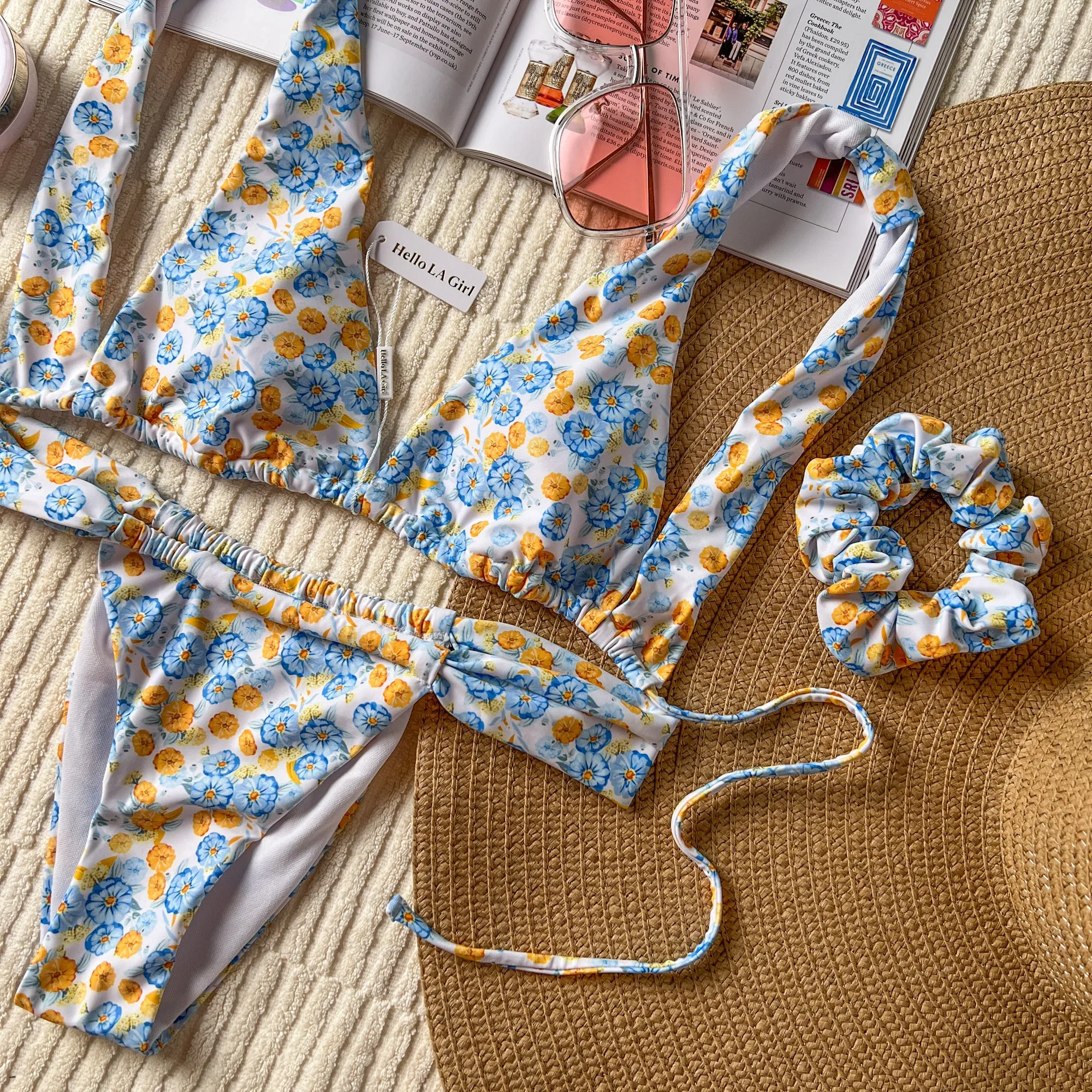 Cute Blue Floral Triangle Bikini Set with Scrunchie