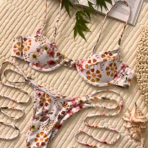 Floral Lace Up Triangle Bikini Set