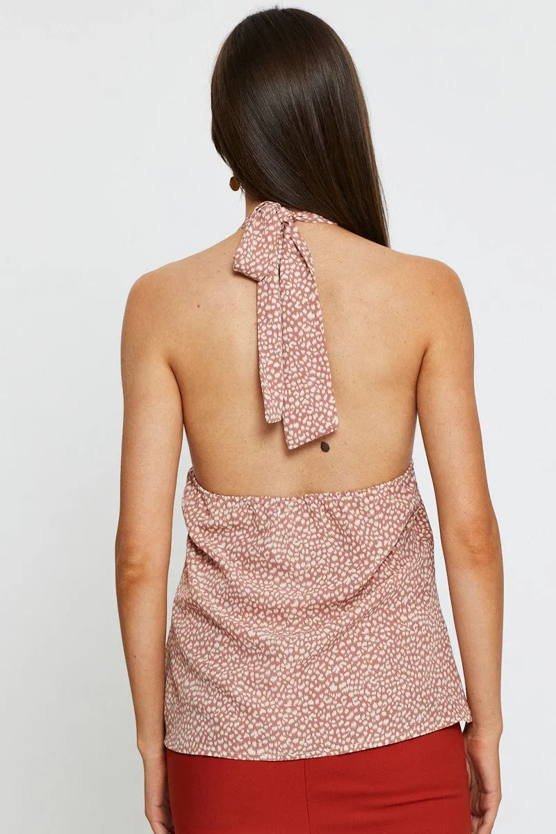Geo Print Halter Top Sleeveless Tie Up