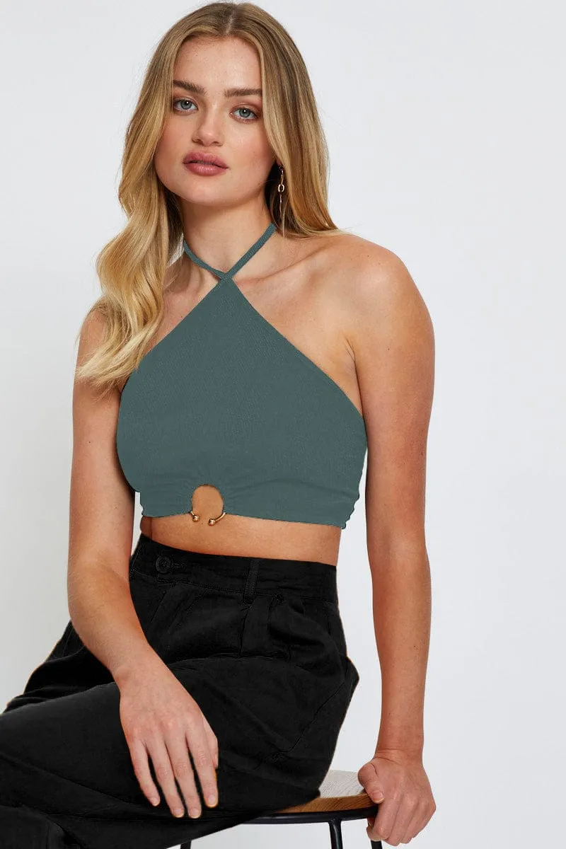 Green Crop Top Sleeveless Halter