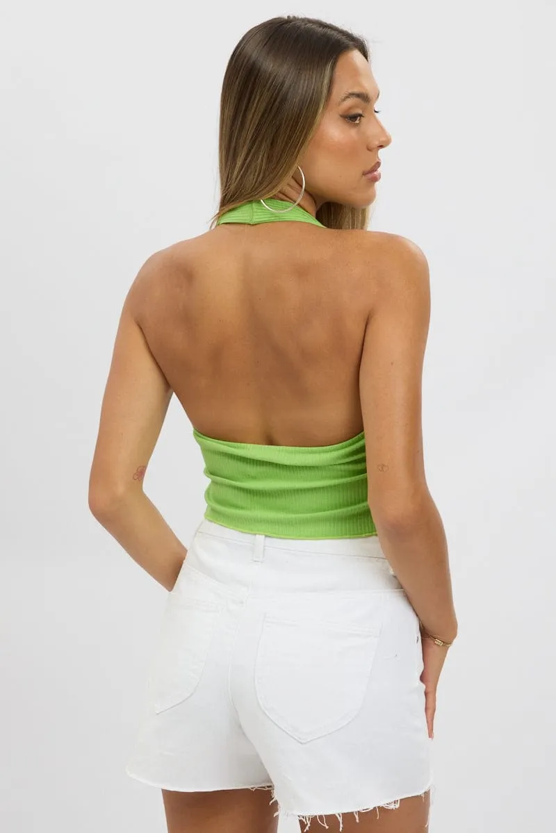 Green Halter Neck Top Rib