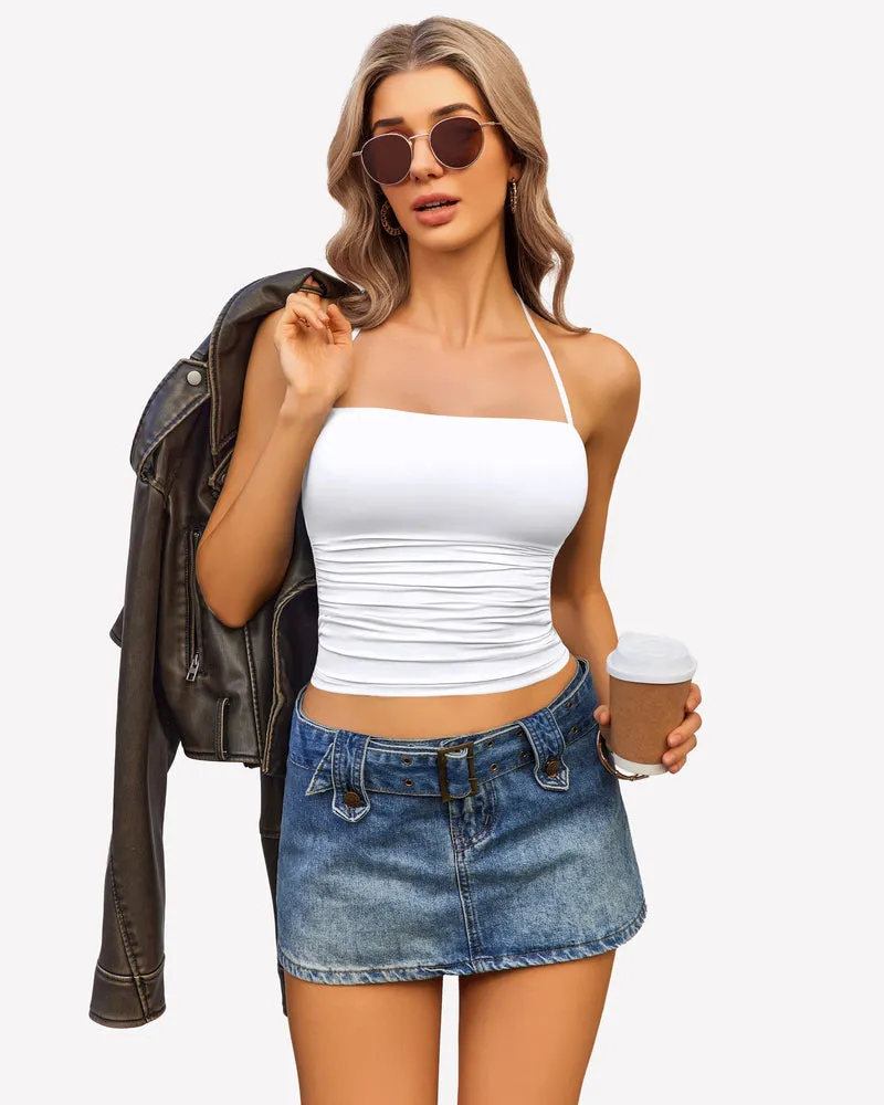 Halter Crop Tops Ruched Tank Tops