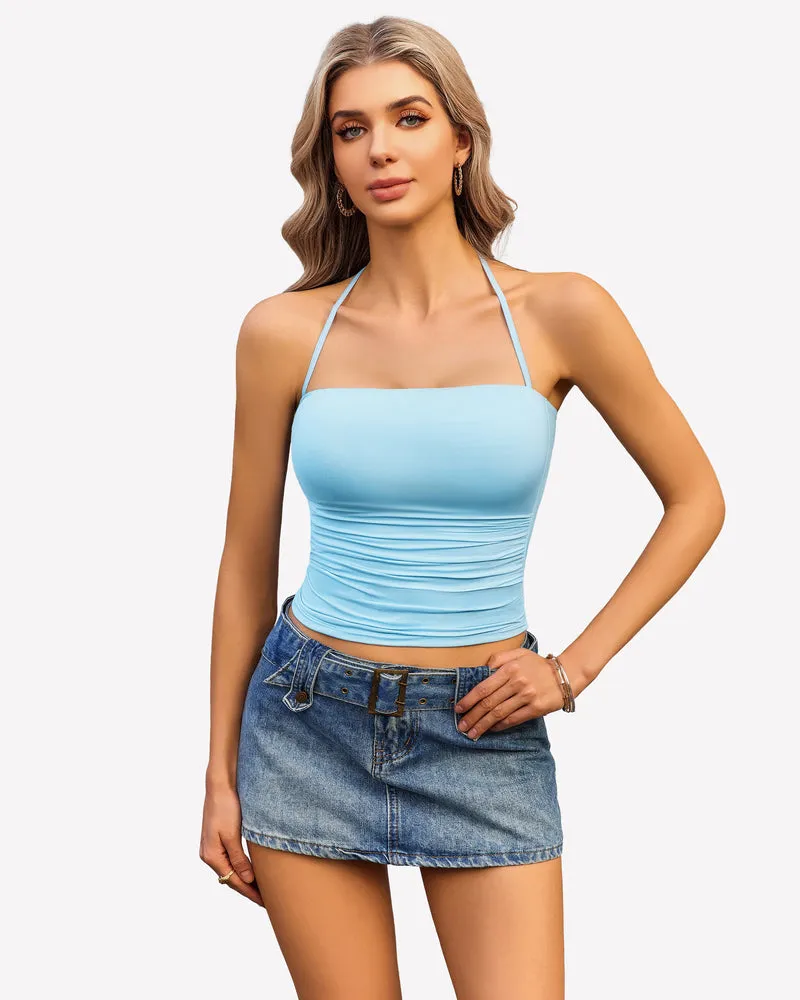 Halter Crop Tops Ruched Tank Tops