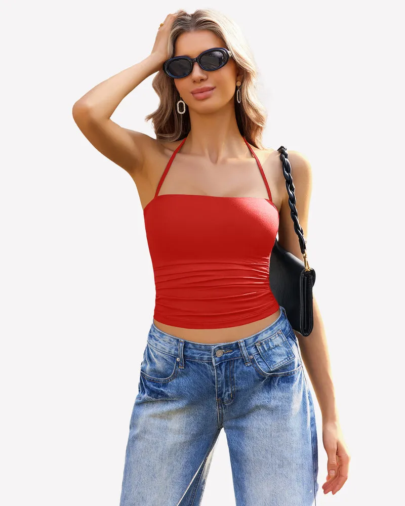 Halter Crop Tops Ruched Tank Tops