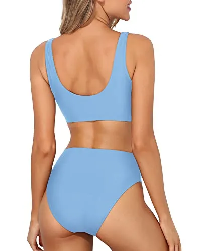 High Waisted Swimsuit Bottoms Crop Top High Cut Swimsuit-Light Blue