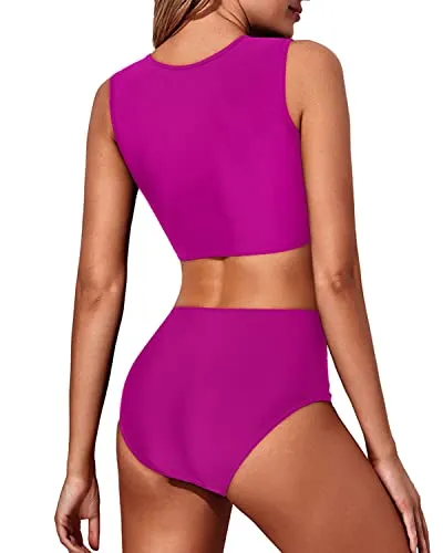 Lace High Neck Women's 2 Piece Bikini Set Tummy Control Bottoms-Hot Pink