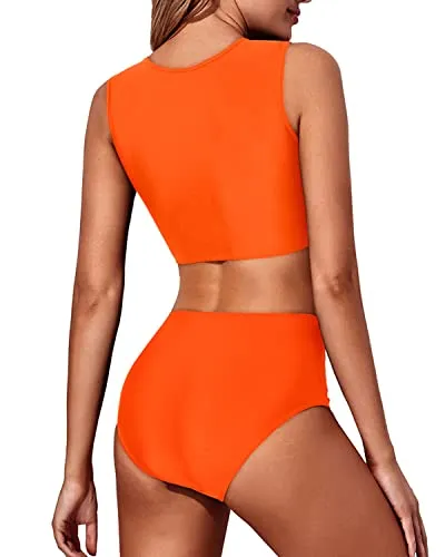 Lace Tie Knot Front High Waisted Women's 2 Piece Bathing Suit-Neon Orange