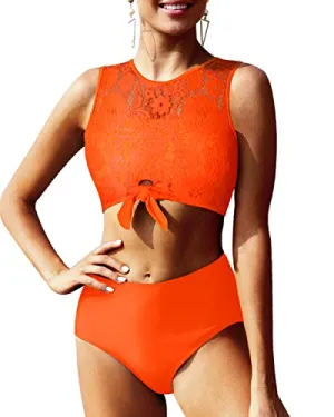 Lace Tie Knot Front High Waisted Women's 2 Piece Bathing Suit-Neon Orange