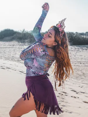 Plus Size - Suede Purple Wrap Swimwear Skirt Decorated with Fringe / Cover up