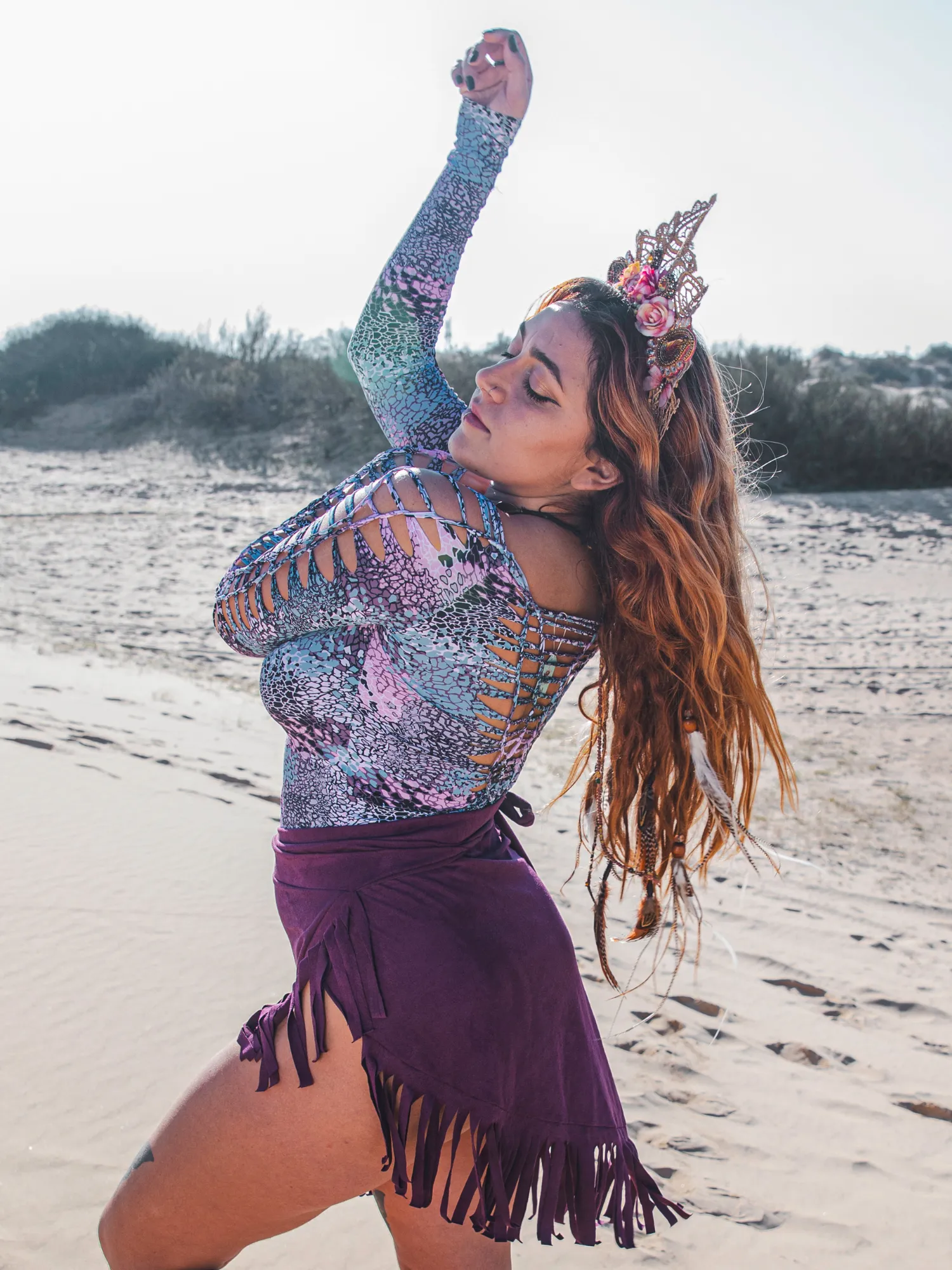 Plus Size - Suede Purple Wrap Swimwear Skirt Decorated with Fringe / Cover up