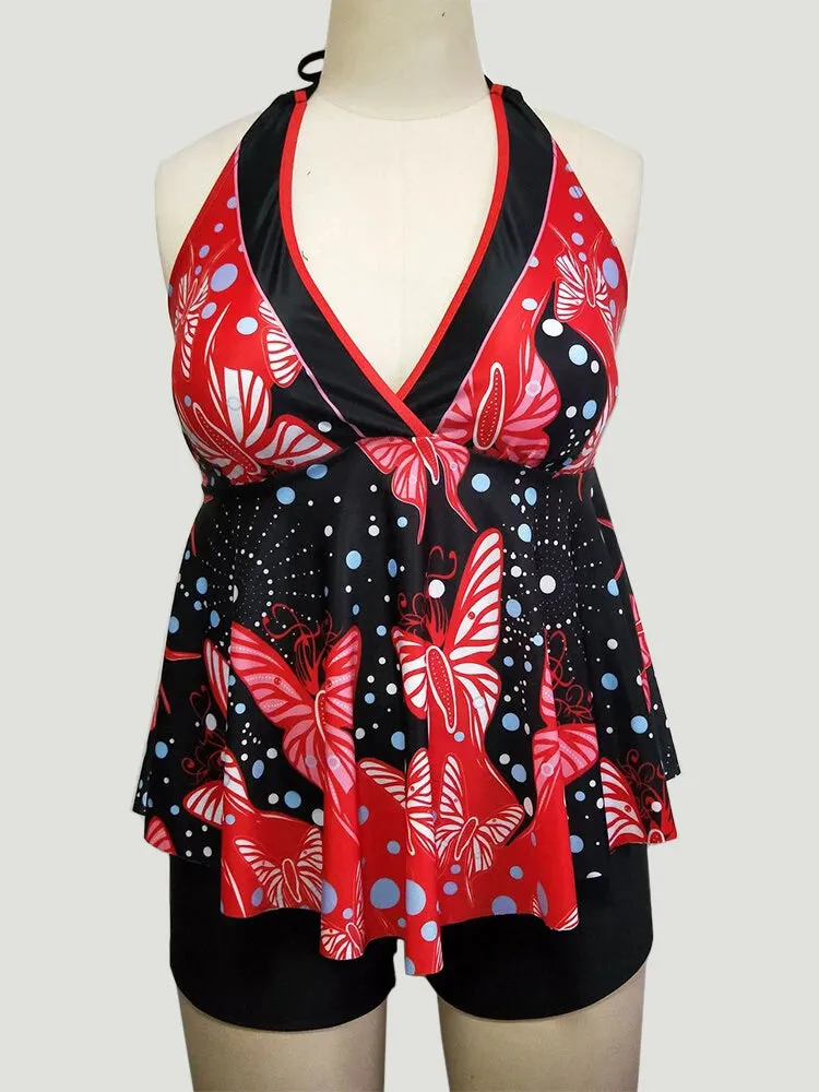 Plus Size Women Swimdress Butterfly Print Halter V-Neck Backless Swimwear