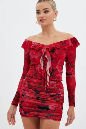 Red Floral Mesh Top Long Sleeve Off Shoulder Frill Lined