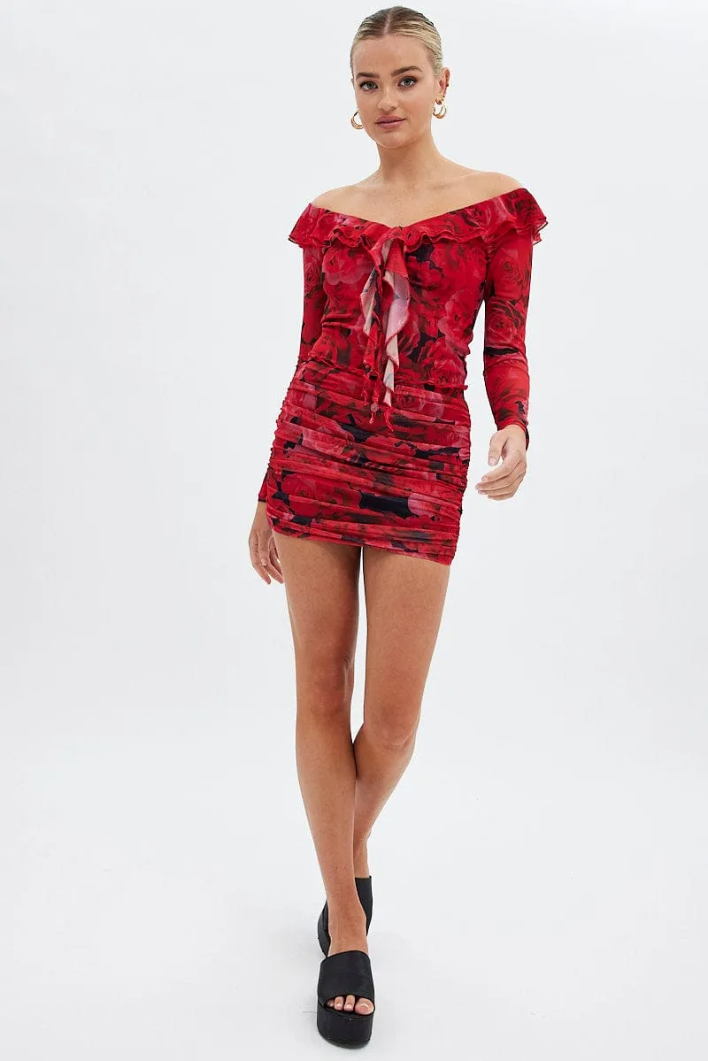 Red Floral Mesh Top Long Sleeve Off Shoulder Frill Lined