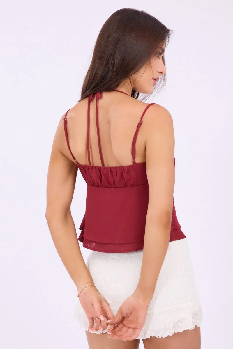 Red Tie Front Cami Halter Neck Sleeveless