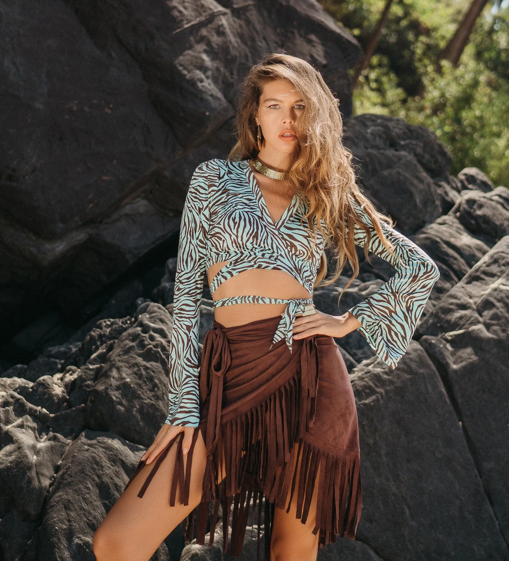 Suede Brown Wrap Swimwear Skirt Decorated with Fringe / Cover up