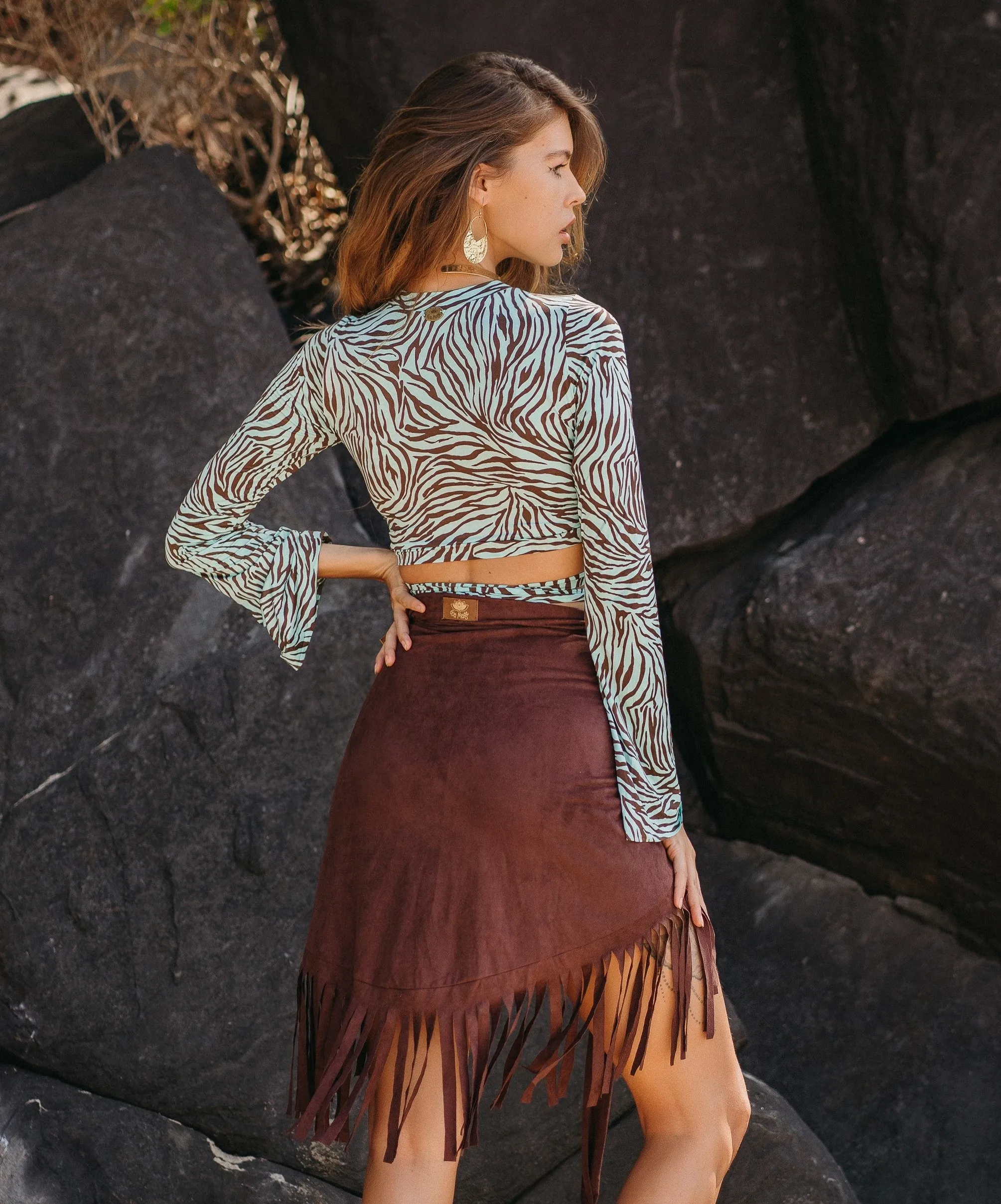 Suede Brown Wrap Swimwear Skirt Decorated with Fringe / Cover up