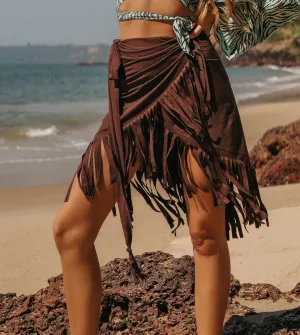 Suede Brown Wrap Swimwear Skirt Decorated with Fringe / Cover up