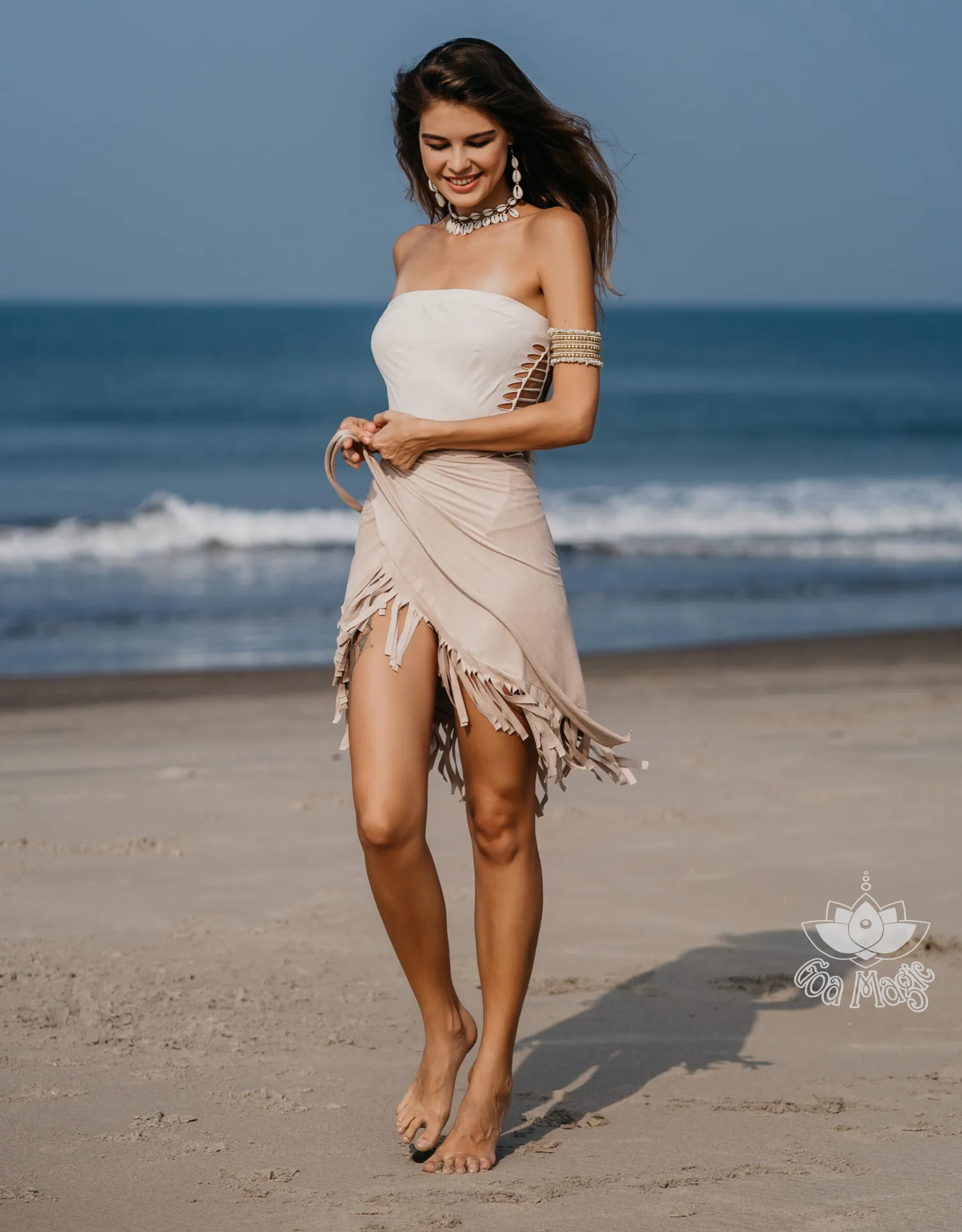 Suede Light Beige Wrap Swimwear Skirt Decorated with Fringe / Cover up