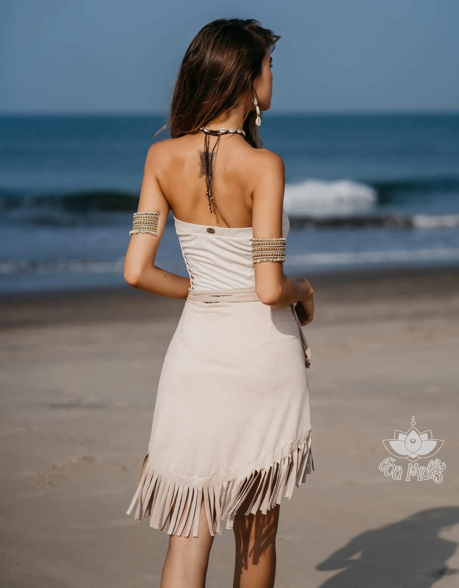 Suede Light Beige Wrap Swimwear Skirt Decorated with Fringe / Cover up
