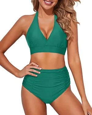 Trendy Halter Tummy Control Two Piece High Waisted Bikini-Teal