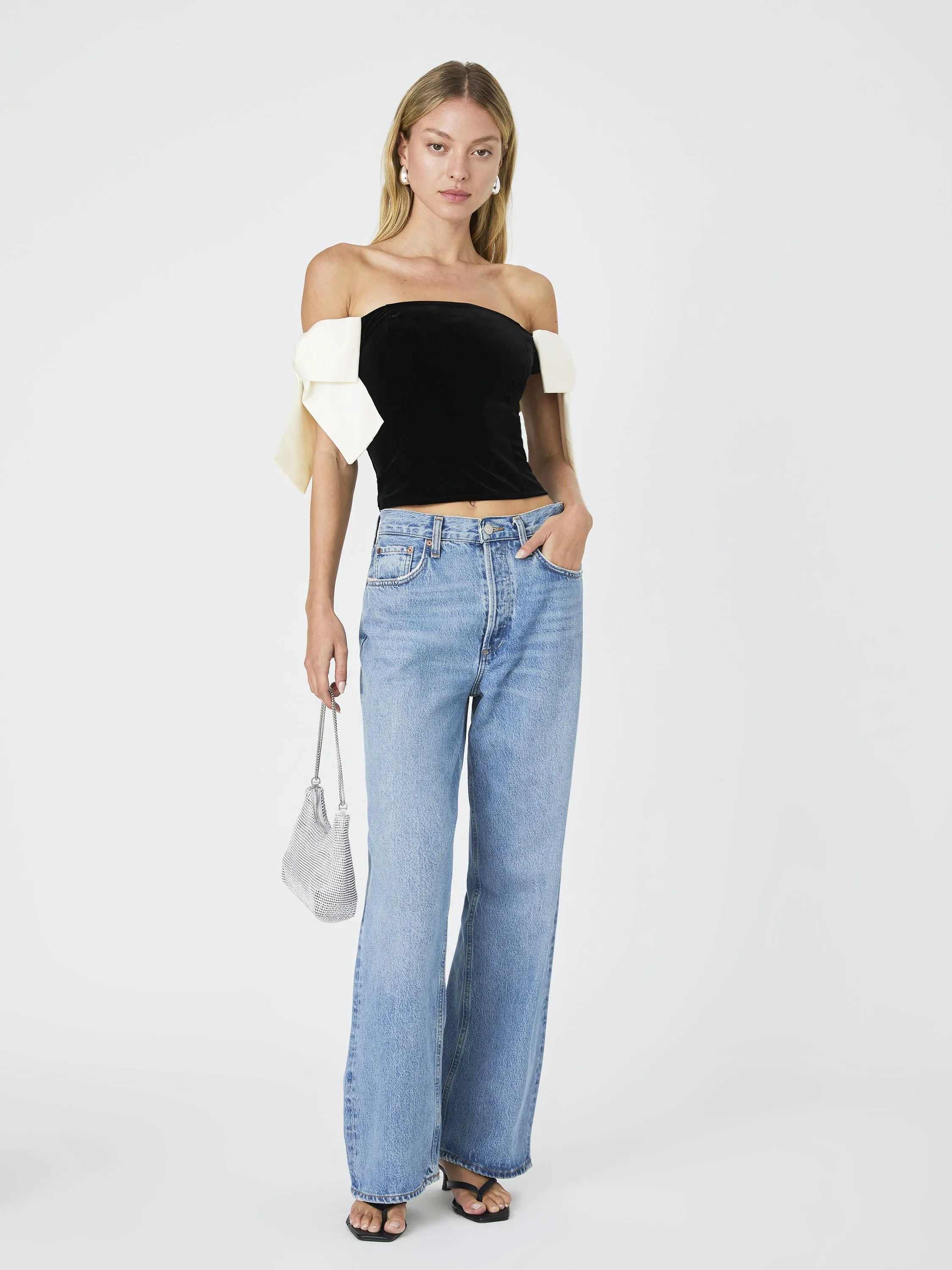 Velvet Satin Bow Strapless Top