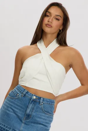 White Halter Crop Top Linen Blend