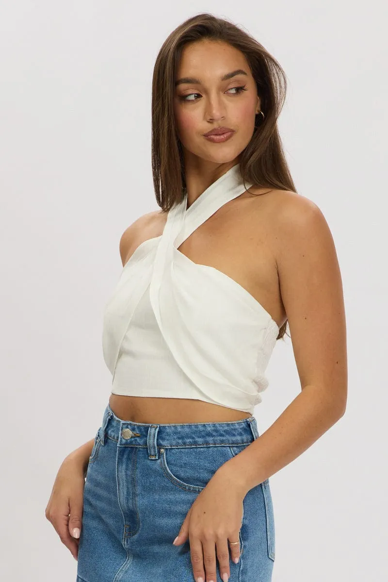 White Halter Crop Top Linen Blend