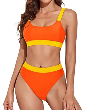 Women Cute Elastic Wide Band Design Sporty Scoop Neck Bikini-Orang Yellow