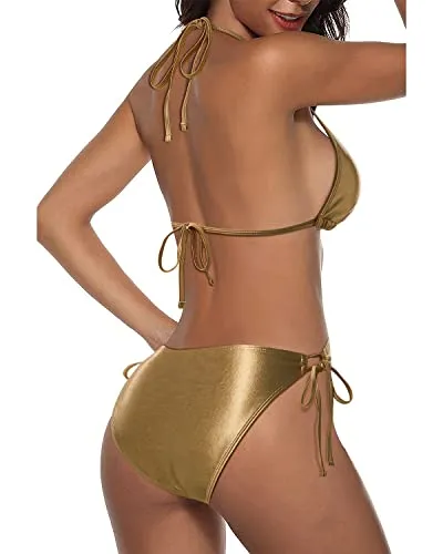 Women's Halter Padded Triangle Bikini Two-Piece Bathing Suit with Tie Side Bottom
